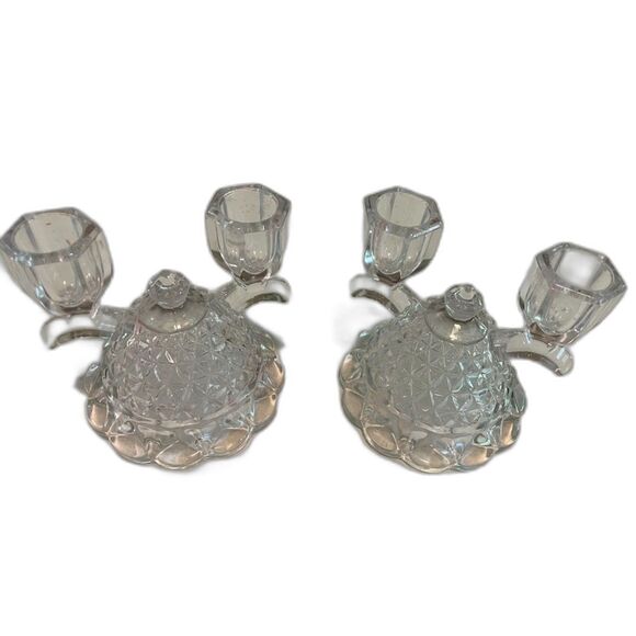 2 Imperial Glass Ohio Laced Edge Double Candle Holders Depression Glass Vtg - Picture 1 of 2